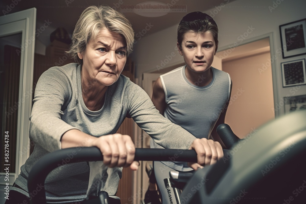 Training session, teenager and his strong middle aged mother training in gym, AI generative Training session, teenager and his strong middle aged mother training in gym, AI generative