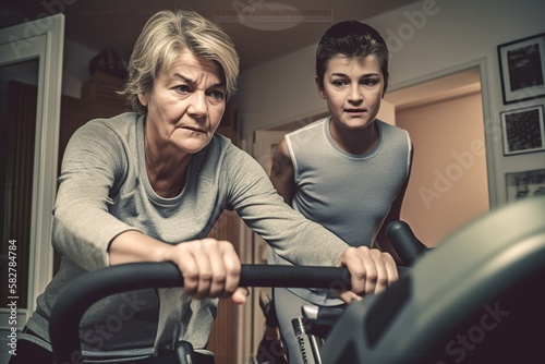 Training session, teenager and his strong middle aged mother training in gym, AI generative