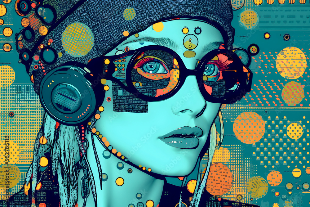 Cyberpunk woman, matrix background, schematic, project engineering ...