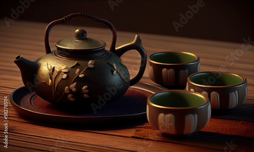 Japanese Tea, Hot Teapot And Teacups On Bamboo Mat, generative AI