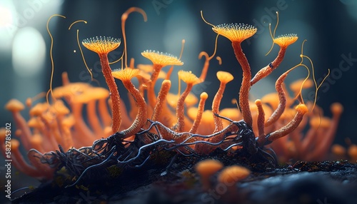 Wallpaper of cordyceps fungi, realistic detail photo macro, illustration, like the movie the last of us