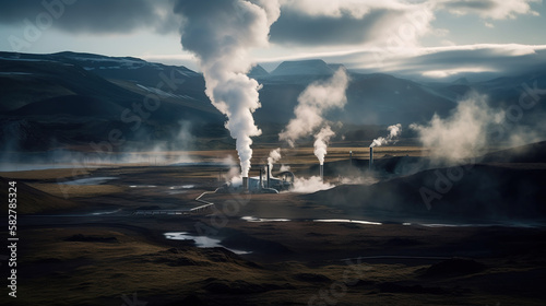 Photo An otherworldly background featuring steam rising from geothermal vents in a volcanic landscape, with a geothermal power plant in the distance