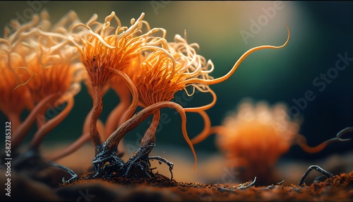 Wallpaper of cordyceps fungi, realistic detail photo macro, illustration, like the movie the last of us