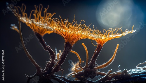 Wallpaper of cordyceps fungi, realistic detail photo macro, illustration, like the movie the last of us