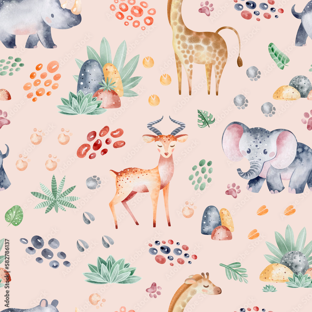 Naklejka premium Animals of Africa seamless pattern with tropical leaves. Watercolor seamless pattern. Packaging design, poster, fabrics, digital paper, sublimation.