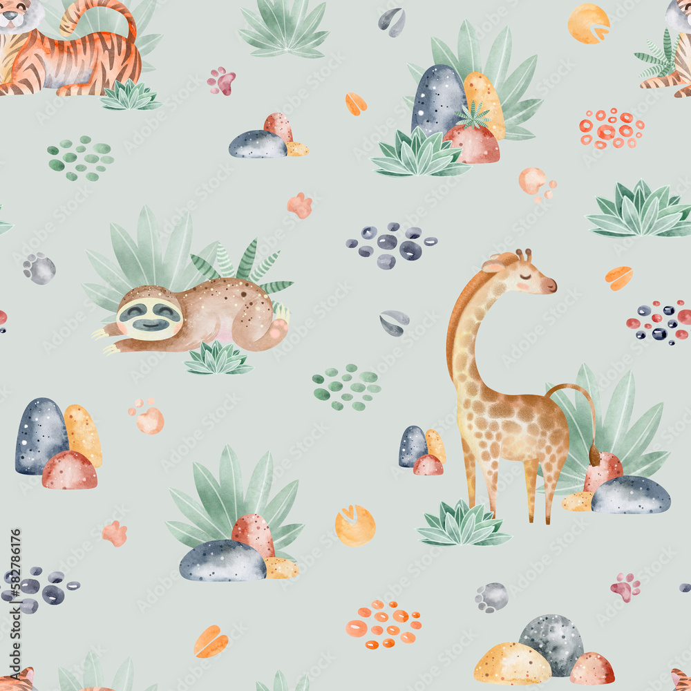 Animals of Africa seamless pattern with tropical leaves. Watercolor seamless pattern. Packaging design, poster, fabrics, digital paper, sublimation. Animals of Africa seamless pattern with tropical leaves. Watercolor seamless pattern. Packaging design, poster, fabrics, digital paper, sublimation.