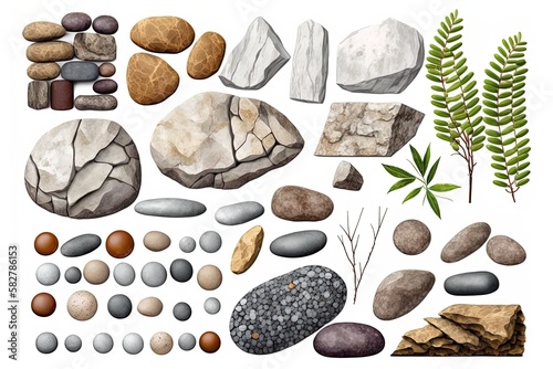Cartoon Stones and rocks and solid boulders collection for landscaping design. Granite rocks with grass for construction