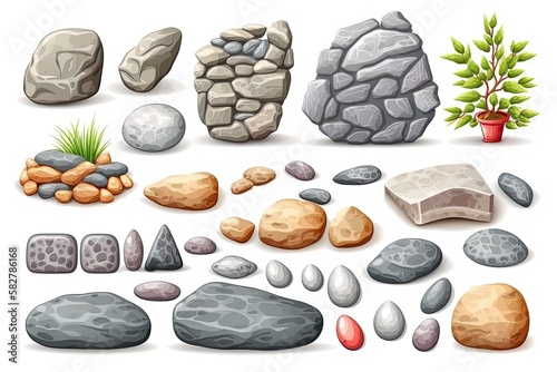 Cartoon Stones and rocks and solid boulders collection for landscaping design. Granite rocks with grass for construction