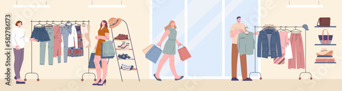 Fashion store, designer outlet or boutique. Happy people buy clothes, shoes and bags. Cartoon seller consultant and buyer, vector scene