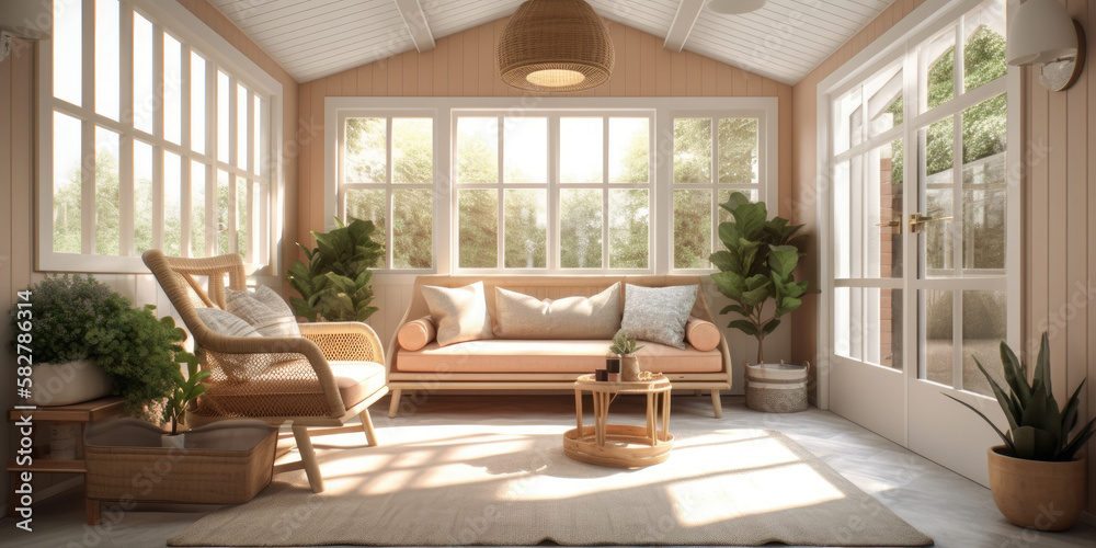 Sunroom interior, 3d render. Generative AI