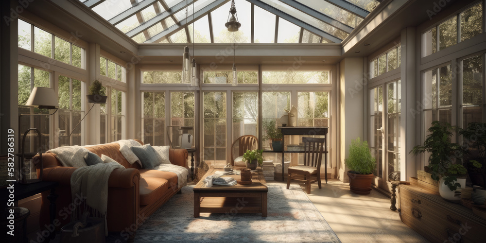 Sunroom interior, 3d render. Generative AI