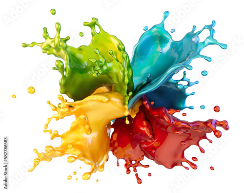 Fototapeta Naklejka Na Ścianę i Meble -  Colorful liquid paint splash isolated, transparent. Holi background, colored liquid waves splashes, red, yellow, green, blue bright oil, acrylic, ink, watercolor colors. Abstract 3D art illustration 