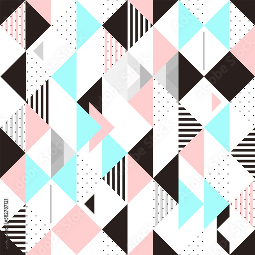 Geometric seamless pattern. Abstract triangle background with hand-drawn stripe and polka dots.