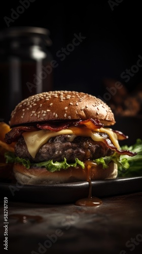 Mouth-Watering Close-up Shot of a Juicy Burger with Melted Cheese, Fresh Lettuce, Tomatoes, and Condiments, AI Generated Food Photography