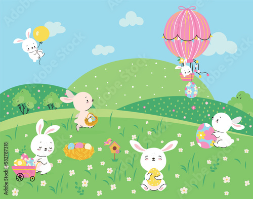 Bunny on meadow. Garden bunnies play hunting eggs. Easter rabbit with color egg on cartoon green floral hills. Animal fly on hot air balloon, nowaday vector scene