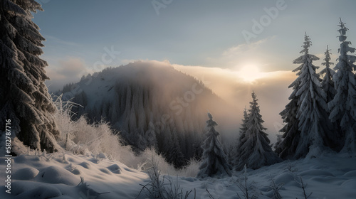 Das Bild zeigt eine ruhige Winterlandschaft, gekennzeichnet durch eine dicke Schneedecke, die den Boden und die Baumäste bedeckt. © Steffi