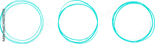 Turquoise circle line hand drawn set. Highlight hand drawing circle isolated on background. Round handwritten circle. For marking text, note, mark icon, number, marker pen and text check, vector