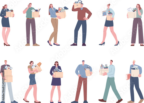 Office people holding boxes, layoff or relocation. Manager leave office with box of personal belongings. Girl moving in new apartment, kicky vector characters set