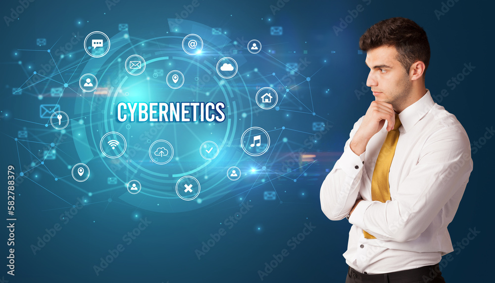 Businessman thinking about modern technology Businessman thinking about modern technology