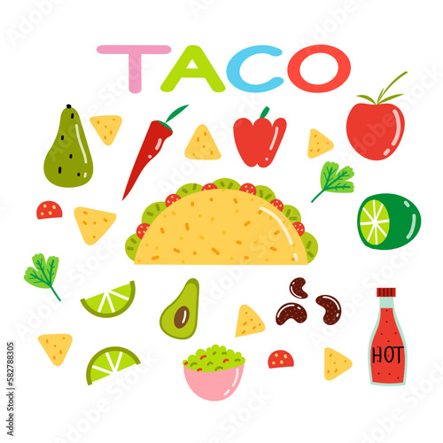 Mexican food selection. Taco, hot sauce, salsa, guacamole, vegetables. Lime, tomato, beans, chili pepper, coriander, nacho chips.