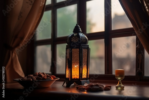 Vintage decoration lamp beside window.Generative Ai