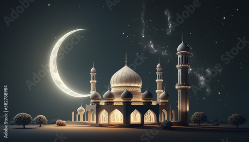 Minimal islamic mosque night moon and stars Photorealisti  Generative AI