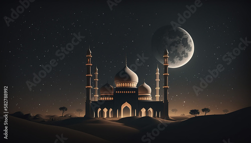 Minimal islamic mosque night moon and stars Photorealisti, Generative AI © Riandra