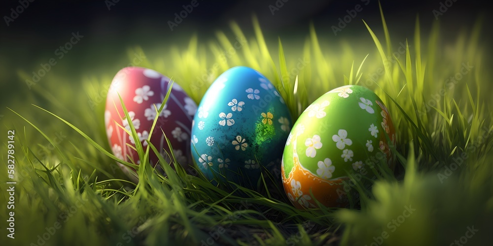 Painted Easter eggs in the grass, generative ai image Painted Easter eggs in the grass, generative ai image