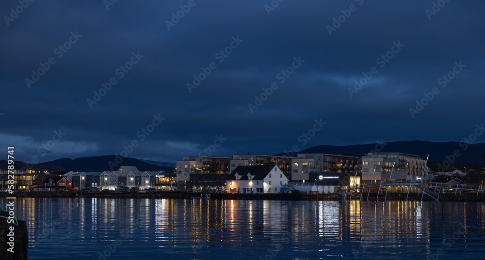 Night view of Brønnøysund harbor,Helgeland coast,Norway