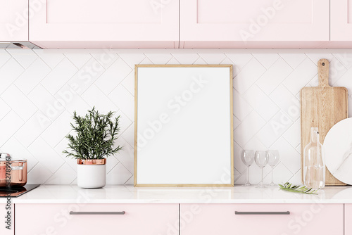 Mockup in kitchen room, 3D rendering © MockupsShop