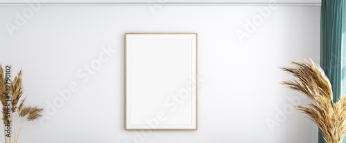 Wood frame mockup on white wall, 3D render