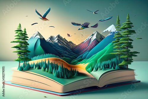 Magic Open book with whole world inside concept. Paper art mointains, forest trees with birds at open book pages.