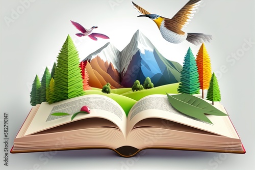 Magic Open book with whole world inside concept. Paper art mointains, forest trees with birds at open book pages.