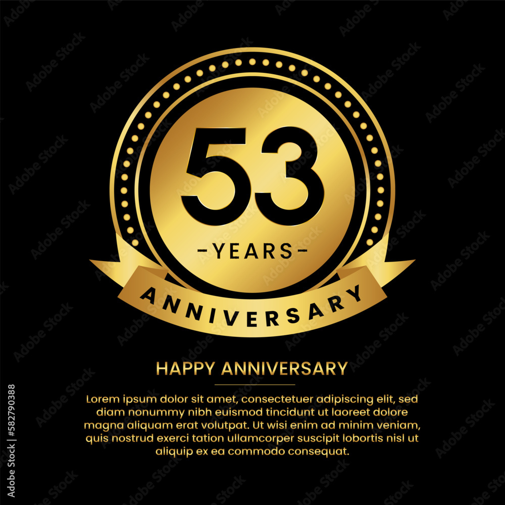 Fototapeta premium 53 years anniversary banner with luxurious golden circles and halftone on a black background and replaceable text speech