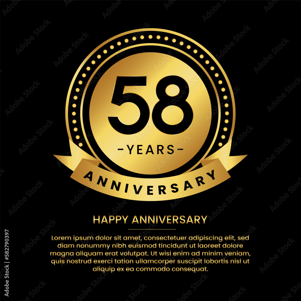 58 years anniversary banner with luxurious golden circles and halftone on a black background and replaceable text speech 58 years anniversary banner with luxurious golden circles and halftone on a black background and replaceable text speech