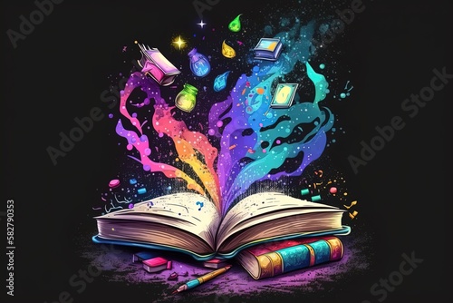 Open book with colorful acrylic paint explosion inside out the book.