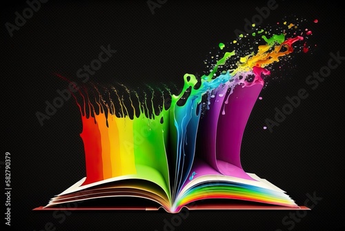 Open book with colorful acrylic paint explosion inside out the book.