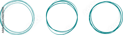 Teal circle line hand drawn set. Highlight hand drawing circle isolated on background. Round handwritten circle. For marking text, note, mark icon, number, marker pen, pencil and text check, vector
