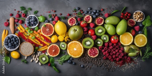 Assortment of fruits, vegetables, seeds, superfoods, cereals on a dark gray concrete background with copy space. Top view - generative ai © Infinite Shoreline