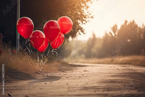 red balloons and space for text against light background. For greeting cards or background