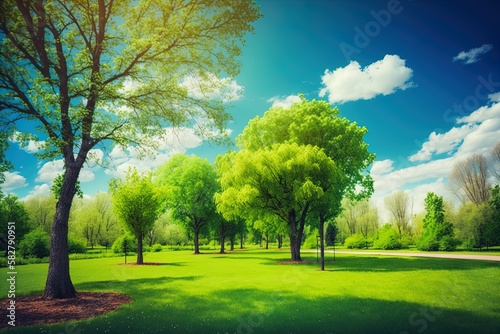 Sunny summer grass field with green trees on blue sky with white cloud background.