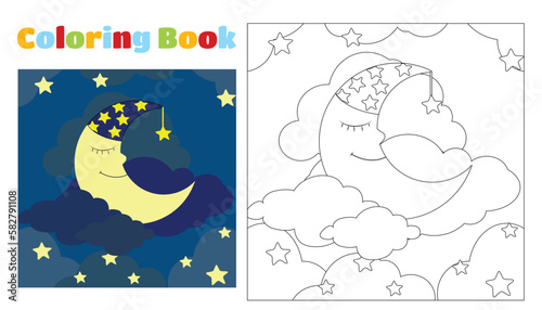 Coloring book for children cute moon in a nightcap sleeps on a cloud among the stars and clouds. Coloring pages for kindergarten or elementary school.