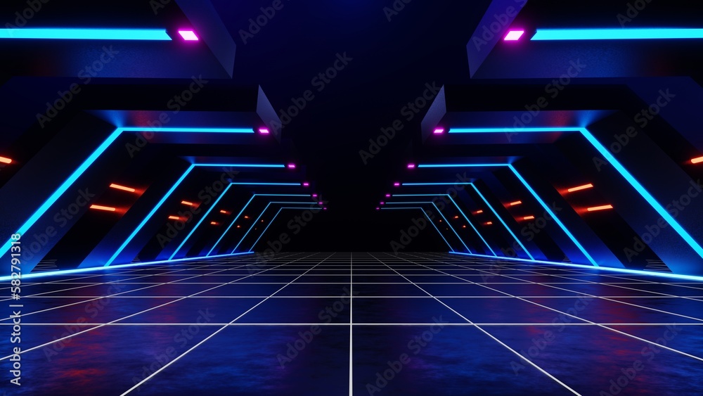 Obraz premium 3d technology abstract neon light background, empty space scene, spotlight, dark night, virtual reality, cyber futuristic sci-fi background, street floor studio for mock up. colored geometric.