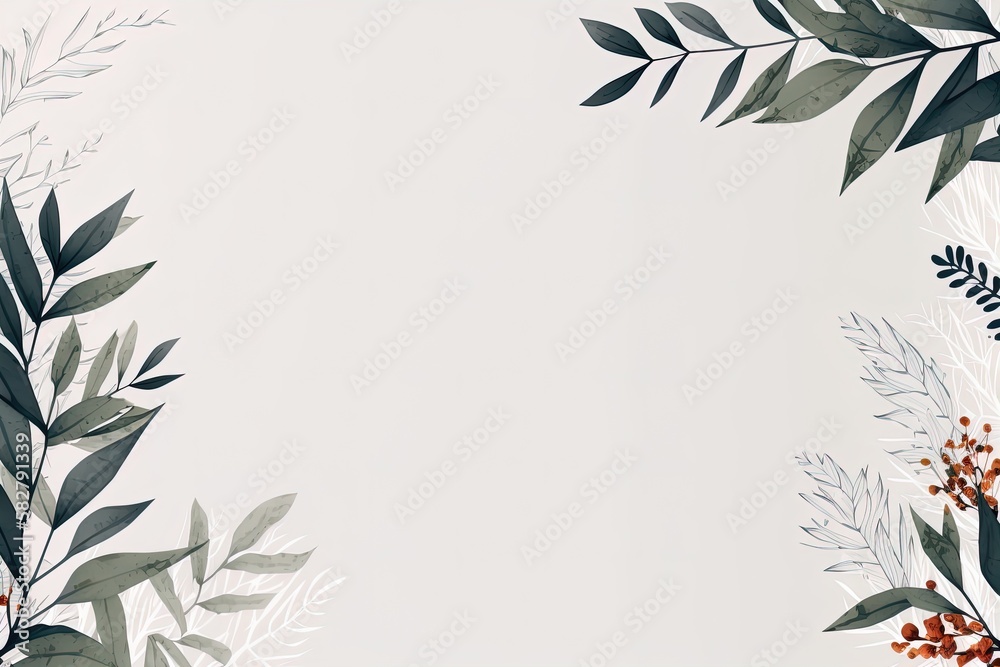Abstract florals leaves and flowers on white background with empty space for product placement.