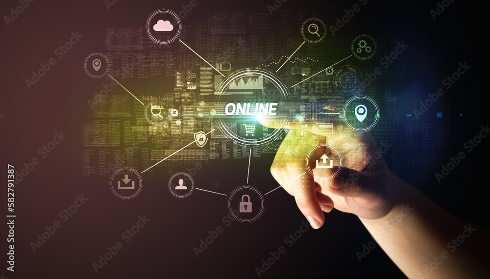 Hand touching cybersecurity button concept Hand touching cybersecurity button concept