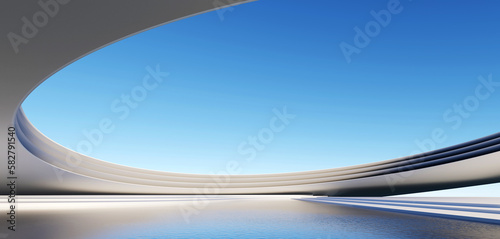 3d render surreal white minimal architecture background with geometric shapes, abstract fantastic design , landmark futuristic panoramic, futuristic scene with copy space, blue sky and cloudy.