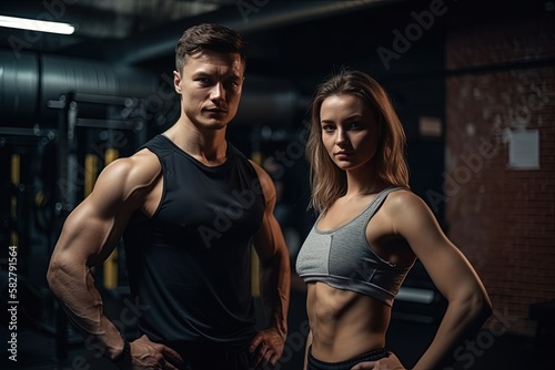 Beautiful young sporty couple posing and showing muscles at the gym- generative ai