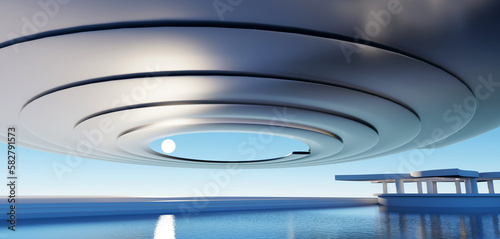 3d render surreal white minimal architecture background with geometric shapes, abstract fantastic design , landmark futuristic panoramic, futuristic scene with copy space, blue sky and cloudy.