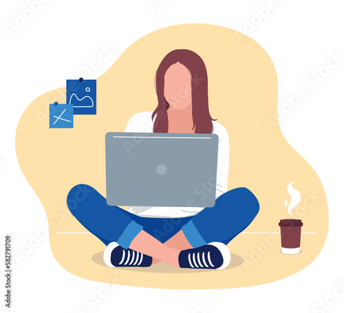 Yung Woman Works At The Computer. Person Working On Laptop. Remote Work, Freelance. 