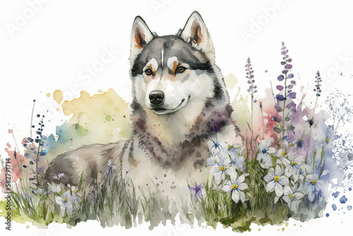 Watercolor painting of beautiful husky dog in a colorful flower field. Ideal for art print, greeting card, springtime concepts etc. Made with generative AI. photo